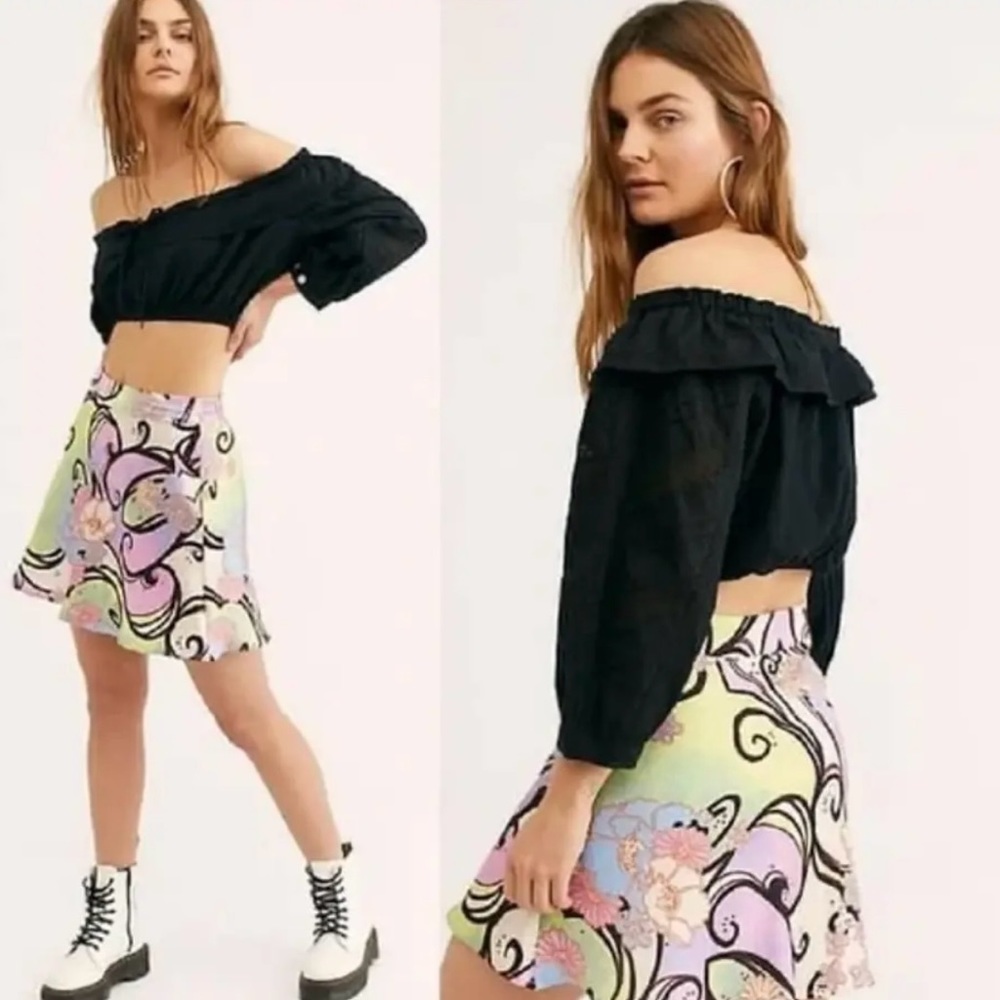 NWOT Free People Phoebe Purple Green Retro Skirt. Size 4.